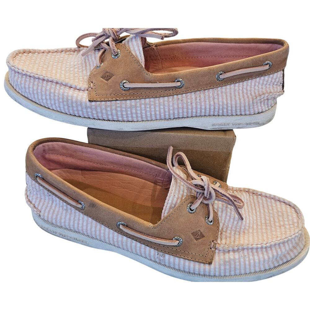 Sperry pink white seersucker preppy boat shoe classic sz 9 girly EUC career